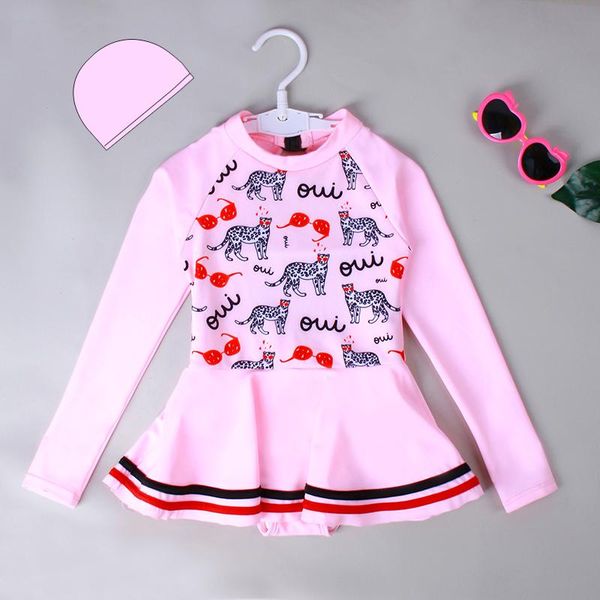 two-piece suits 2021 selling girls' long sleeve pink leopard skirt open back one-piece spring breathable quick drying swimming suit